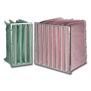 Dva sintetička džepna filtera za vazduh sa metalnim ramom, namenjeni za ventilacione i klimatizacione sisteme od kojih je jedan u roze, a drugi u zelenoj boji