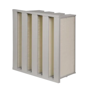 Kompaktni V-filter za vazduh sa pregradama i plastičnim sivim ramom, namenjen za visokoefikasnu filtraciju.