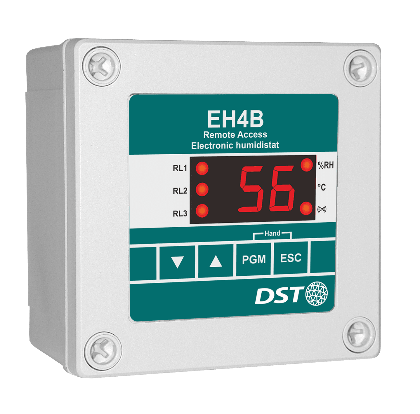 DST EH4B elektronski higrostat sa LED displejom i daljinskim pristupom za regulaciju vlažnosti u HVAC sistemima.